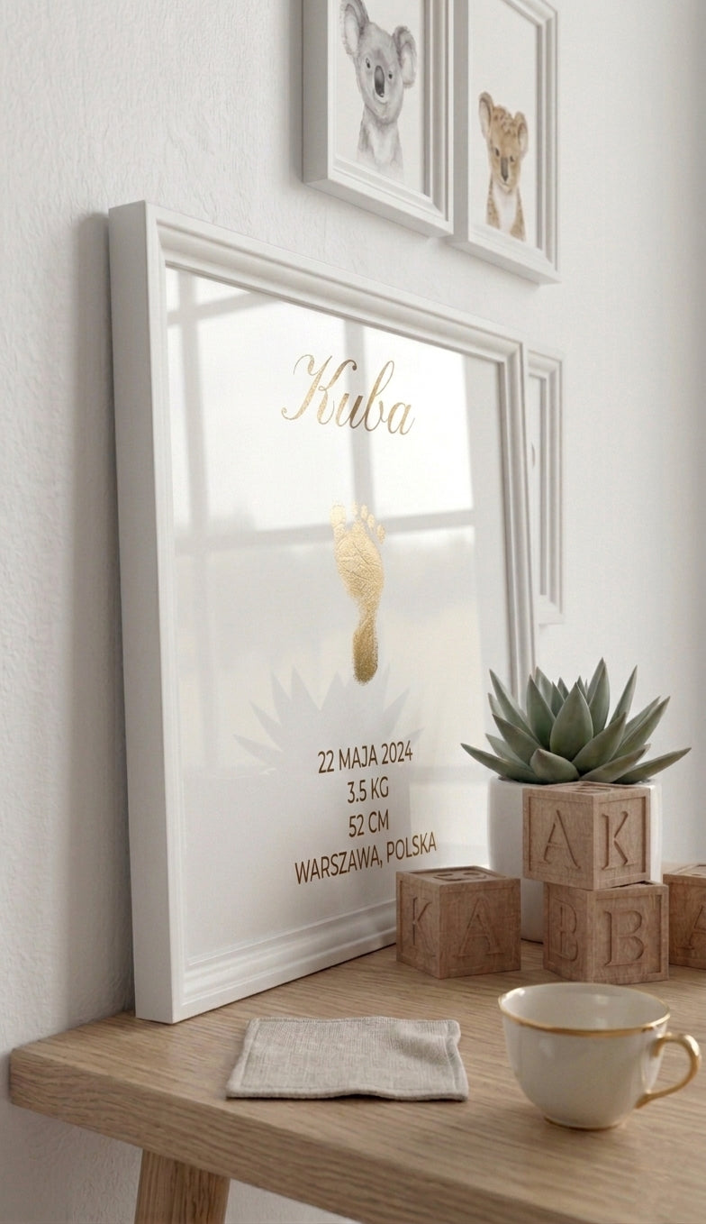 Goldener Baby Fußabdruck A3 – Personalisiertes Erinnerungsstück mit Rahmen