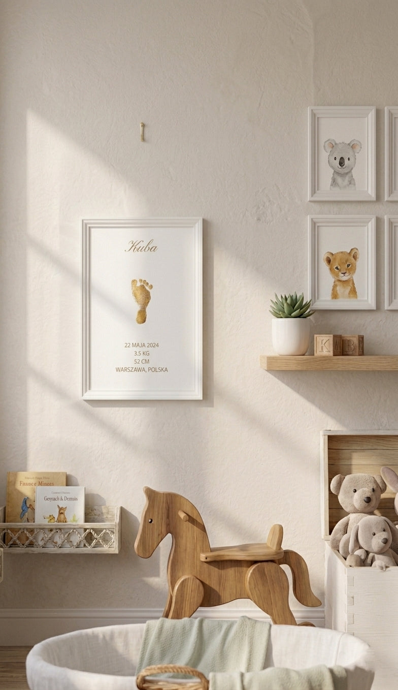 Goldener Baby Fußabdruck A3 – Personalisiertes Erinnerungsstück mit Rahmen