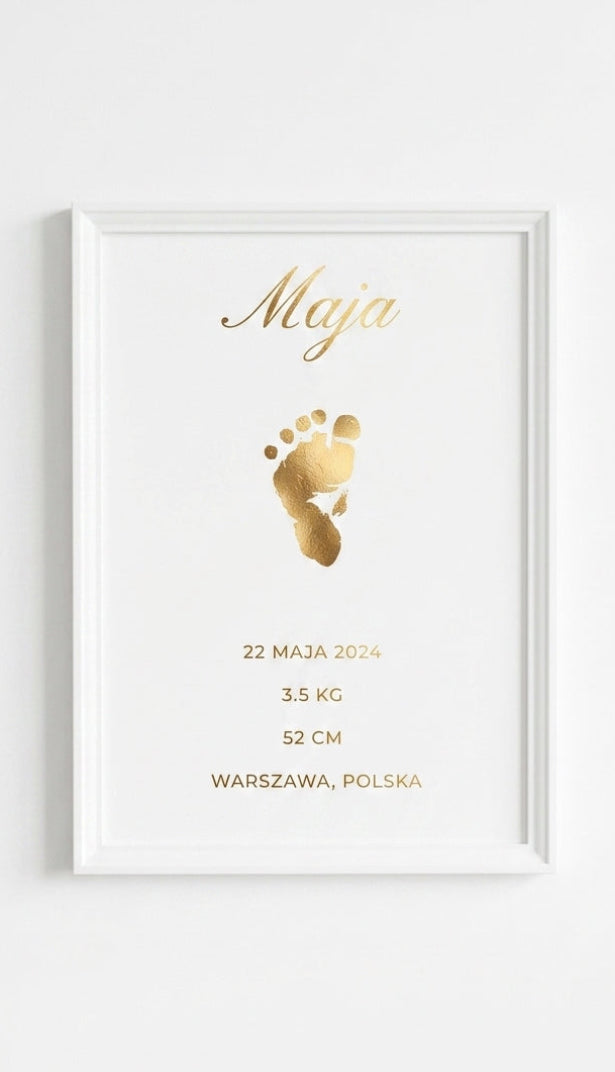 Goldener Baby Fußabdruck A3 – Personalisiertes Erinnerungsstück mit Rahmen